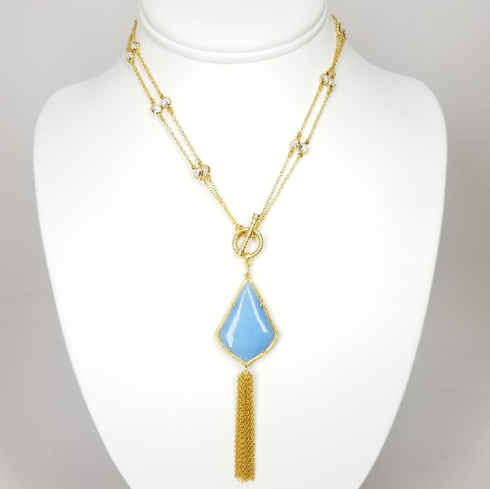 2 Ways Tassel Blue Agate CZ Necklace NWT - Picture 3 of 10